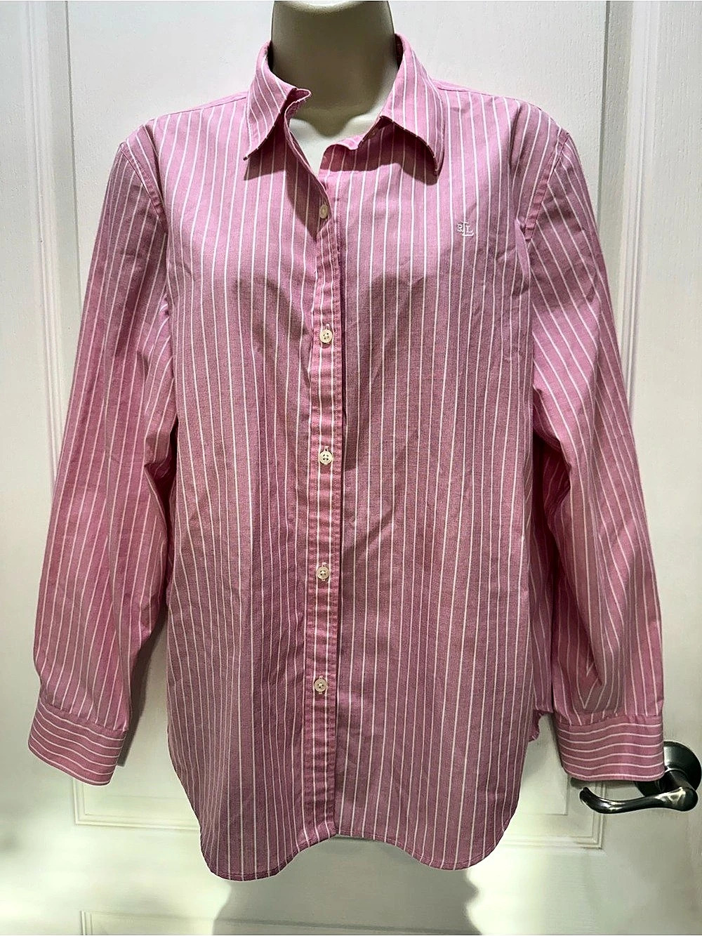 Lauren Ralph Lauren Striped Cotton Button Down Pink & White Ladies Large